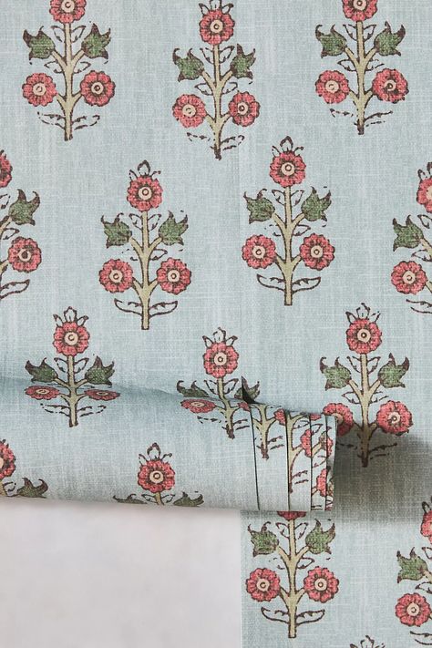 Poppy Sprig Wallpaper | Anthropologie Dining Room Cottage, Wallpaper Dining Room, Wallpaper Dining, Block Print Wallpaper, Cottage Wallpaper, Hallway Wallpaper, 90s Wallpaper, Kitchen Wallpaper, Bathroom Wallpaper