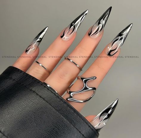 Summer Nailart, Y2k Chrome, Chrome Tips, Black Acrylic Nails, Hello Nails, Gothic Nails, Edgy Nails, Goth Nails, Grunge Nails