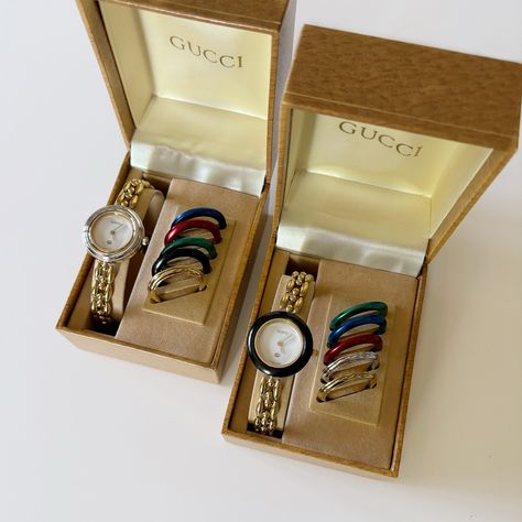 Gucci interchangeable bezel watches will be available at 5pm pacific time! Timeless Gucci Watch As A Gift, Modern Gucci Watch Accessories With Subdials, Gucci Timeless Watch With Polished Finish, Gucci Interchangeable Bezel Watch, Vintage Gucci Watch Interchangeable, Things I Need To Buy, Classy Jewelry, Future Life, Gucci