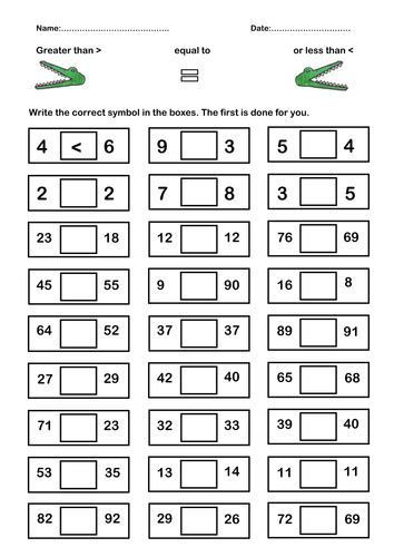 Greater Than Less Than Crocodiles C5B Math Fact Worksheets, Maths Worksheet, Kindergarten Math Worksheets Free, Greater Than Less Than, Math Addition Worksheets, First Grade Math Worksheets, Learning Stories, Mathematics Worksheets, Maths Worksheets