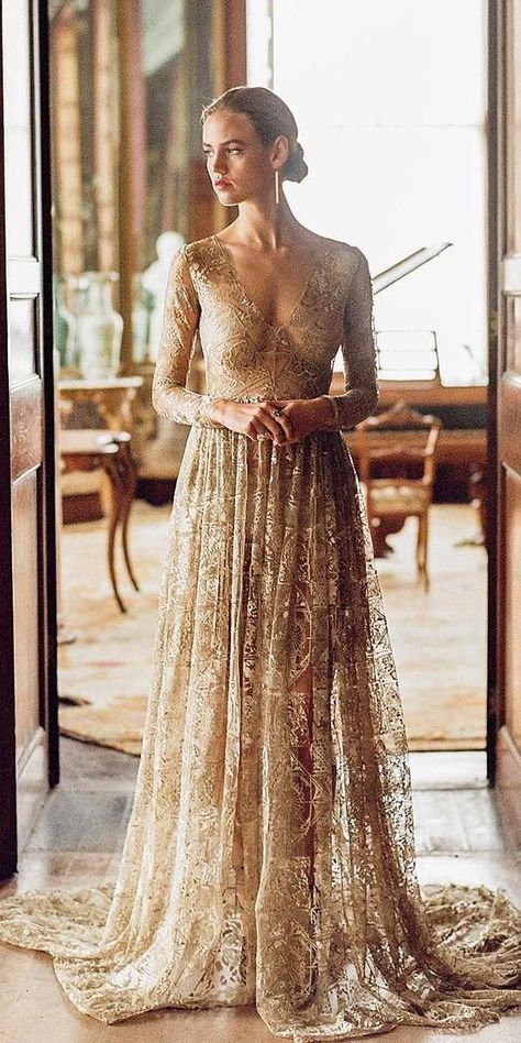 15 Gold Wedding Gowns For Bride Who Wants To Shine ❤️ gold wedding gowns a line with long sleeves plunging neckline nude emilyriggs #weddingforward #wedding #bride Gowns For Bride, Black Wedding Guest Dresses, Wedding Gown A Line, Gold Wedding Gowns, Bridal Mehndi Dresses, White Bridal Gown, Red Bridal Dress, Vintage Inspired Wedding Dresses, Gold Wedding Dress