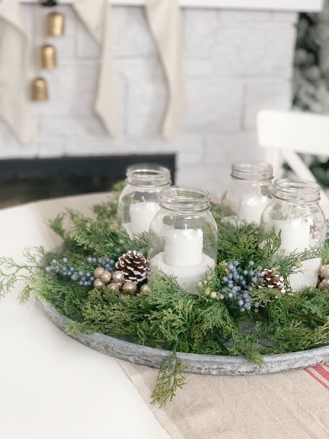 Easy DIY Advent Centerpiece with JOANN - Dining Room Tour Advent Centerpiece, Christmas Advent Wreath, Christmas Dining Table Decor, Christmas Dining Table, Farmhouse Decor Ideas, Wedding Showers, Catering Ideas, Simple Centerpieces, Holiday Centerpieces