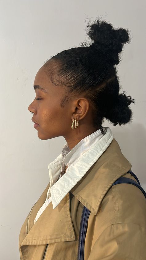 Funky Natural Hairstyles, Low Poofy Ponytail Natural Hair, Coil Bun Hairstyles, Space Buns Outfit Fall, Issa Dee Hairstyles, Natural Hair High Ponytail, 4c Space Buns, Natural 4c Hairstyles Short, Fun Natural Hairstyles