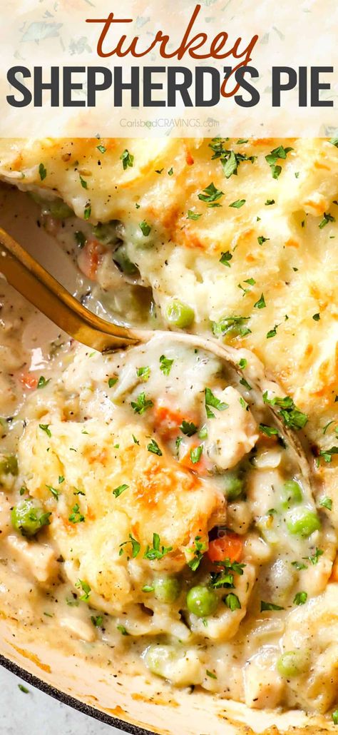 Turkey Shepherd's Pie - Carlsbad Cravings Turkey Shepherds Pie Recipe, Turkey Shepherd's Pie, Turkey Shepherds Pie, Cooked Potatoes, Turkey Pie, Turkey Tetrazzini, Holiday Leftovers, Turkey Casserole, Carlsbad Cravings