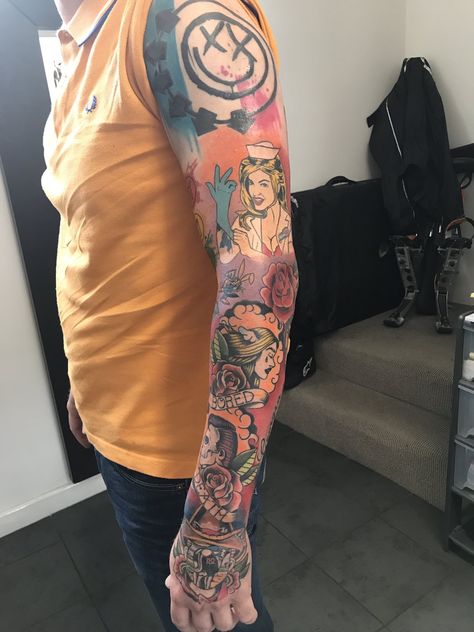 Travis Barker Tattoos, Blink 182 Tattoo, Drum Tattoo, Cartoon Tattoo Ideas, Bicep Tattoo Men, Japanese Tattoos For Men, Animated Shows, Character Tattoos, Punk Tattoo