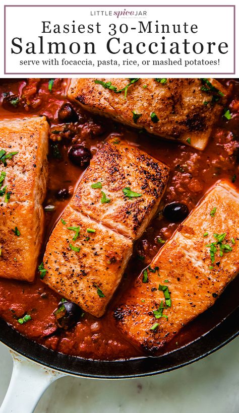 Salmon Cacciatore - Pan seared salmon fillets in a quick homemade cacciatore sauce that tastes like it's been simmering all day long! Serve with focaccia, over pasta, rice, or with mashed potatoes! #salmonrecipes #pescatarianrecipes #salmoncacciatore | Littlespicejar.com Salmon En Croute Recipe, Oreganata Recipe, Baked Clams Oreganata, Feast Of The Seven Fishes, Italian Seafood, Rosemary Roasted Potatoes, Cacciatore Recipes, Italian Seafood Recipes, Seven Fishes