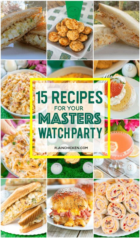 15 Recipes for Watching The Masters Tournament - if you can't make it to Augusta, you can still eat like you are there! The famous Egg Salad and Pimento Cheese recipes. The Augusta National Sour Cream Pound Cake recipe straight from the club. Lots of great recipes that are perfect for all your spring and summer parties! #themasters #eggsalad #pimentocheese #golf Masters Egg Salad, Masters Pimento Cheese, Tournament Food, The Masters Tournament, Golf Party Foods, Pimento Cheese Recipes, Sour Cream Pound Cake, Masters Tournament, Plain Chicken