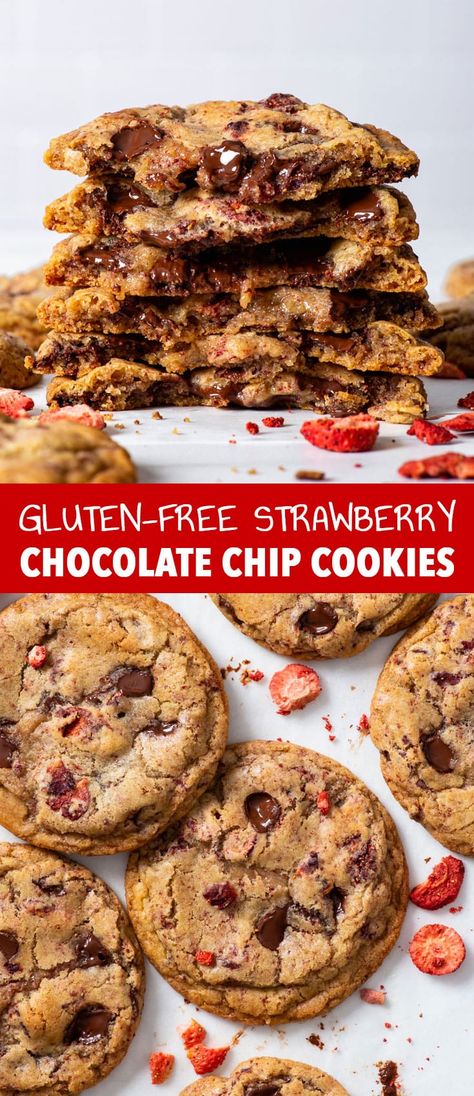 Strawberry Chocolate Chip Cookies - These gluten free strawberry chocolate chip cookies are deliciously chewy-fudgy, with crisp caramelised edges and they taste incredible. The freeze dried strawberries add an intense, vibrant strawberry flavour without adding too much moisture. The cookies are also incredibly easy to make, no stand or hand mixer needed. Gluten free cookies. Gluten free chocolate chip cookies. Gluten free recipes. Strawberry cookies. Strawberry recipes. Strawberry desserts. The Loopy Whisk, Chocolate Chip Cookies Gluten Free, Loopy Whisk, Strawberry Chocolate Chip, Strawberry Chocolate Chip Cookies, Oat Cookie Recipe, Recipes Strawberry, Strawberry Treats, Gluten Free Chocolate Chip Cookies