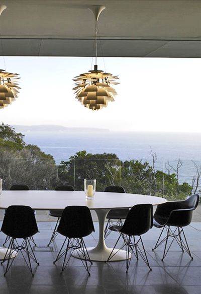 The Artichoke for your holiday home - great interior and an amazing view, doesn't get much better than that.. Mediterranean Beach, Modern Mediterranean, Lights Design, Artichoke Lamp, Tulip Table, Poul Henningsen, Eames Chairs, Eero Saarinen, Louis Poulsen