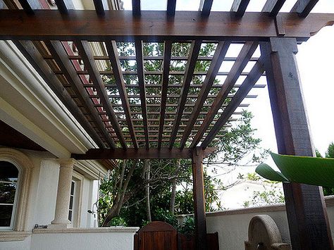 Modern Wood Pergola | rich-dark-wood-stain-pergola-shade-flo… | Flickr Modern Wood Pergola, Pergola Shade Diy, Wood Pergola Kits, Cheap Pergola, Pergola Swing, Pergola Lighting, Pergola Attached To House, Metal Pergola, Wood Pergola