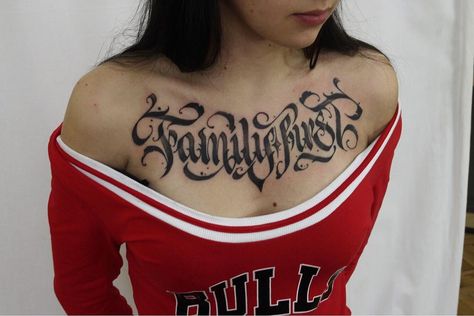 Image may contain: 1 person Chest Tattoo Female Writing, Chest Script Tattoo Female, Chest Lettering Tattoo Female, Chest Tattoo Quotes Female, Chest Tattoo Female Upper Words, Aka Tattoo, Chest Tattoo Writing, Chest Tattoo Lettering, Chest Tattoo Quotes