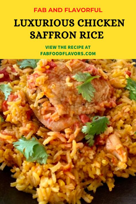 A decadently rich and delicious saffron infused rice cooked with chicken, roasted red peppers, fresh herbs with optional shrimp makes this a week night treat. Buon Provecho! #fabfoodflavors #recipes #luxuriouschickensaffronrice #homemade #saffron #rice #chicken #saffronrecipes #Ricerecipes #Chickenrecipes #everydayluxury #Homecooked #lunch #dinner #whatsfordinner #brunch #delicious #SpanishFood #LatinAmericanFood #Shrimp #GoodFoodFast #arrozconpollo #chickenrice #saffronrice Rice Add Ins, Chicken Roasted Red Peppers, Saffron Rice Recipe, Rice Shrimp, Saffron Chicken, Saffron Recipes, Rice With Chicken, Food Flavors, Chicken Roasted