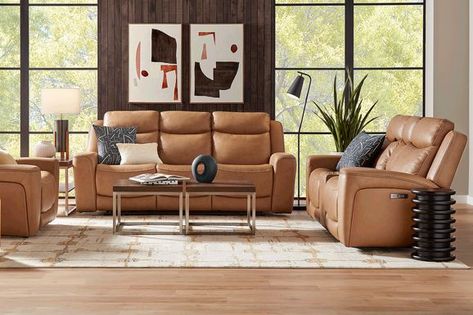 Davidson 5 Pc Leather Dual Power Reclining Living Room Set Leather Couches Living Room, Living Room Recliner, Pc Table, Power Reclining Sofa, Transitional Living Rooms, Living Room Sets Furniture, Living Room Set, Caramel Brown, Living Room Leather