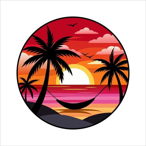 a sunset with palm trees and a hammock Sunset Vector, Tree Saw, Wedding People, Heart Tree, Cityscape Photos, Logo Banners, Nature Backgrounds, Heart With Arrow, Background Banner