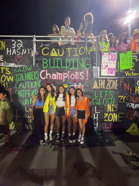 Cheer Squad Ideas, Cool Student Section Themes, Fun Football Themes High School, Construction Theme Football Game Poster, Neon Out Football Game Posters, Neon Themed Football Posters, Fnl Theme Ideas, Construction Football Theme, Football Themes High School