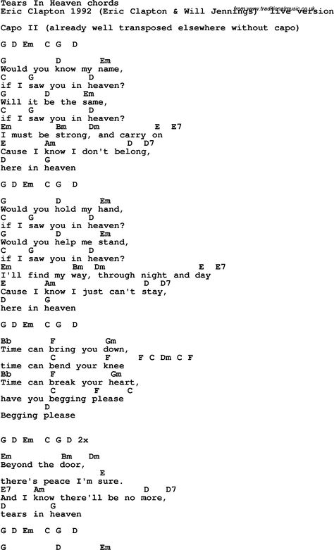 Song Lyrics with guitar chords for Tears In Heaven - Eric Clapton Blues Guitar Chords, Songs With Chords, Song Chords, Ukulele Chords Songs, Uke Songs, Guitar Lessons Songs, Easy Guitar Songs, Guitar Tabs Songs, Tears In Heaven