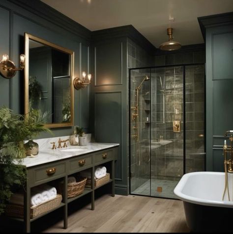 Forest Green Master Bath, Dark Green Aesthetic House Interior, Dark Green Bathroom Color Scheme, Dark Green Aesthetic Home Decor, Army Green Bathroom Ideas, Moody Bathroom With Tub, Bathroom Remodel Dark Green, Green Black And Brown Bathroom, Dark Walled Bathroom