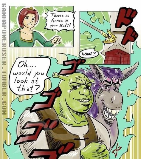 JoJo Bizarre Adventure x Shrek Jojo's Bizarre Adventure Anime, Jojo Anime, Jojo Memes, Memes Anime, Anime Memes Funny, Fairy Dust, Jojo Bizzare Adventure, Cute Comics, Shrek