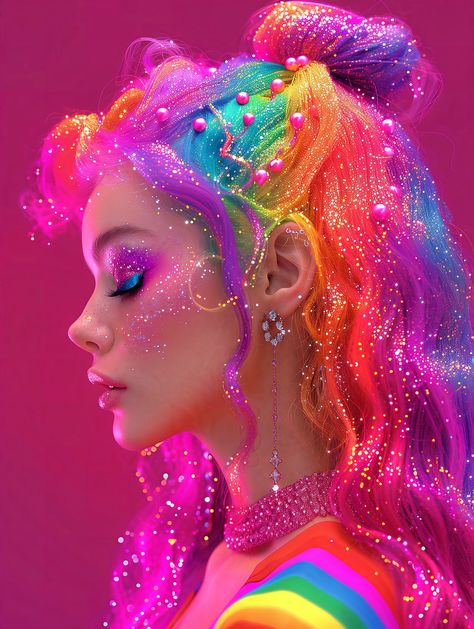 Exotic Hairstyles, Festival Make Up, Drag Make-up, Rainbow Wig, Classical Art Memes, Rainbow Hair Color, Pink Wallpaper Girly, Fantasy Hair, Lisa Frank