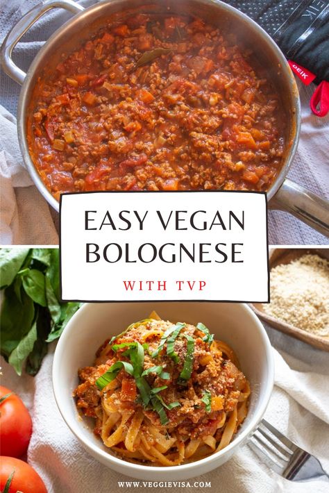 Vegan bolognese sauce in a pan, and plated with pasta, basil, and vegan parm. Bolognaise Recipe, Authentic Bolognese, Tvp Recipes, Pasta Bolognese Recipe, Ella Vegan, Vegan Bolognese Sauce, Vegetarian Bolognese, Vegan Sauce Recipes, Vegan Pasta Sauce