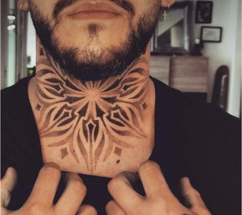 Geometric Throat Tattoo, Neck And Throat Tattoos Men, Mandala Tattoo Neck, Tato Mandala, Dotwork Tattoo Mandala, Front Neck Tattoo, Best Neck Tattoos, Side Neck Tattoo, Throat Tattoo