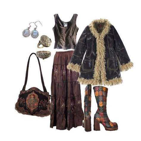 Outfit Inspirations 70s, 70s Whimsigoth Outfits, Alternative Winter Fashion, Big Boots Outfit, Vintage Hippie Outfits, Hippie Goth Outfits, Vintage Boho Aesthetic, Winter Hippie Outfits, Big Boots