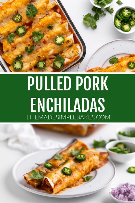 This Pulled Pork Enchiladas recipe is a twist on a classic Mexican dish. Filled with onions, cheese, and jalapenos, it is sure to be a hit with your family! Food With A Twist, Pulled Pork Enchiladas, Pork Enchiladas, Green Chili Sauce, Pulled Pork Leftovers, Mexican Dish, Enchiladas Recipe, Air Fryer Oven Recipes, Crispy Onions