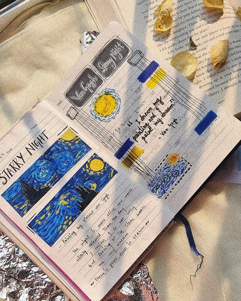 Van Gogh Research Page, Vincent Van Gogh Artist Research Page, Gcse Sketchbook, Artist Research Page, Artist Research, Artist Journal, The Starry Night, Bullet Journal Design Ideas, Journal Art