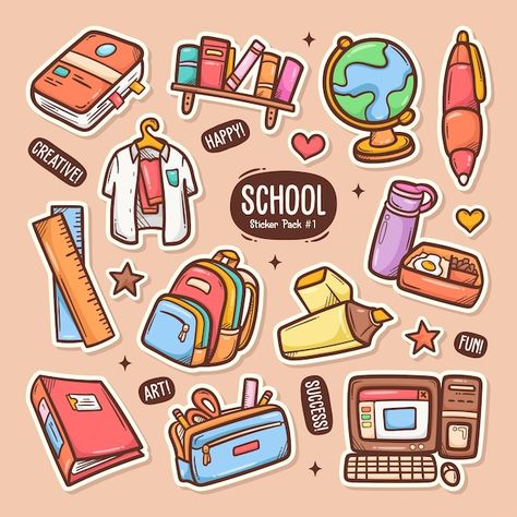 Premium Vector | Banking cute doodle vector sticker collection Stickers School Aesthetic, School Things Drawing, School Stickers Free Printable, Doodle Art School, School Stickers Aesthetic, School Doodle Art, Cute Diy Stickers, Cute Stickers Ideas, Cute Doodle Stickers