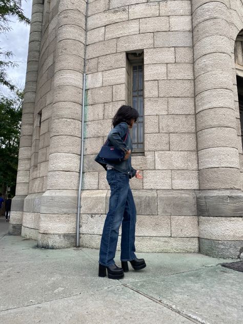 cool boy wearing an all denim outfit with platform boots in front of a vintage building Platform Boots With Pants, Baggy Jeans With Platform Boots, Zip Up Boots Outfit, Black Platform Heel Boots Outfit, Platform Boots And Jeans Outfit, Chunky Boot Outfit Ideas, Platform Boots Jeans Outfit, Black Platform Boot Outfit, Denim Platform Boots