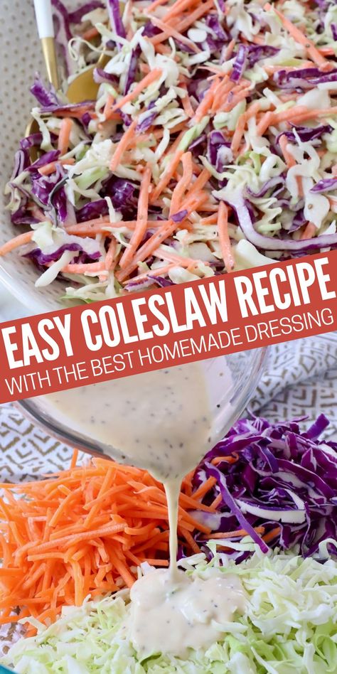 Make the best traditional Coleslaw salad, with a creamy mayonnaise and vinegar dressing, using this quick and easy 10 minute recipe. It's the perfect summer bbq side dish, or a delicious topping for pulled pork sandwiches! Coleslaw Dressing For Pulled Pork, Creamy Coleslaw Recipe For Pulled Pork, Pulled Pork Slaw Recipe, Coleslaw For Pulled Pork Sandwiches, Pulled Pork Sandwich Sides, Coleslaw Recipe For Pulled Pork, Pulled Pork Coleslaw Recipe, Pork Sandwich Sides, Slaw For Pulled Pork