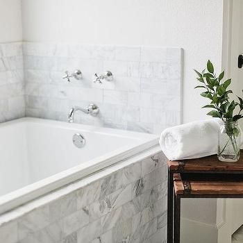 Bath Tables, Bathtub Backsplash, Tub Backsplash, Drop In Tub Ideas, Bathtub Tile Surround, Tile Around Bathtub, Subway Backsplash, Marble Tub, Vintage Bathtub