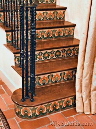 Stair Risers with "Scepter" "Isis" "Ibiza" decos Tile On Stair Risers, Spanish Revival Decor, Tiled Stairs, Mosaic Stairs, Tile Artwork, Hardwood Stairs, Stair Riser, Iznik Tile, Contemporary Tile