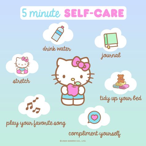 #WellnessWednesday: A little self-care goes a long way 💗✨ Hello Kitty Self Care, Hello Kitty Meme, Kitty Tips, Daily Comics, Sanrio Things, Self Care Worksheets, Morning Routine School, Self Care Day, Hello Kitty Merchandise