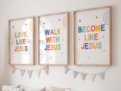 This vibrant set of 3 colorful Christian wall art printable is designed to bring encouragement and inspiration to children's spaces. Each print features a powerful message: "Love like Jesus," "Walk with Jesus," and "Become like Jesus," making them ideal for kids' ministry decor, church preschools, or Sunday school classrooms. Also perfect for church nurseries, Christian toddler rooms, and Christian kids' rooms in general, these art prints are a fun and meaningful way to share Christian affirmati Catechism Classroom Decor, Children’s Church Room Design, Christian Preschool Classroom Decor, Church Nursery Ideas Decor, Sunday School Classroom Ideas, Church Kids Room Decor, Church Classroom Ideas, Kids Ministry, Sunday School Room Ideas