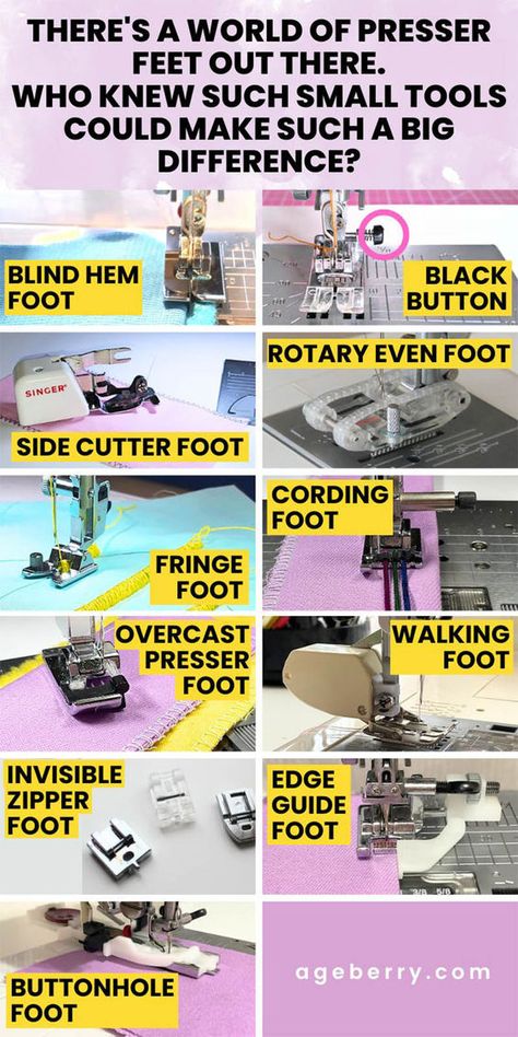 Curious about the different sewing machine presser feet? This friendly guide is all you need to navigate the choices with ease.It covers many types of presser feet, including the edge guide foot, fringe foot, side cutter presser foot, invisible zipper foot, walking foot, rotary even foot, buttonhole foot, overcast foot, blind hem foot, and cording foot. The guide explains the purpose of each foot, how it is used, and the benefits it offers for sewing projects. Sewing Feet Guide Types Of, Sewing Foot Guide, Sewing Machine Feet And How To Use Them, Presser Foot Guide, Sewing Machine Feet Guide, Sewing Machine Cover Diy, Sewing Machine Beginner, Sewing Machine Tension, Sewing Machine Repair