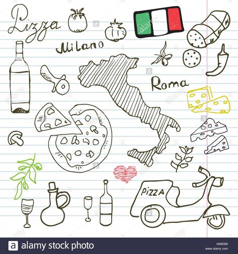 Italy doodles elements. Hand drawn set with pizza scooter, wine, cheese and map. Drawing doodle collection, on paper background Stock Vector Italy Doodles, Italy Drawing, Pizza Drawing, Travel Doodles, Map Drawing, Art Passion, Sketch Note, Travel Drawing, Italy Map