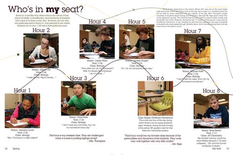 Pick one class that a lot of people want to take or like, and one seat and see who sits in that same seat each hour for a day. And you can ask that person what class they are in and what reason why they picked that seat. Student Life Yearbook, Yearbook Mods, Teaching Yearbook, Middle School Yearbook, Yearbook Class, Yearbook Staff, Student Spotlight, Yearbook Spreads, Yearbook Layouts