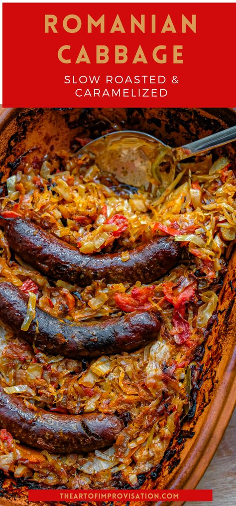 This Romanian style slow roasted caramelized cabbage is the caramelized onion of the cabbage world. It’s sweet, spicy, smokey, tangy, and full of complex flavours. Through the magic of slow roasting, plain cabbage is transformed into a decadent comfort food that can be served over cornmeal porridge, in a bun, with potatoes, or even with noodles. Slow Roasted Cabbage, Carmalized Cabbage, Caramelized Cabbage, Cornmeal Porridge, Steamed Cabbage, Easy Main Dishes, Fermented Cabbage, Roasted Cabbage, One Pan Dinner