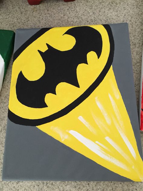 Batman canvas Kids Canvas Art Ideas, Batman Decorations, Batman Room Decor, Superhero Painting, Batman Painting, Canvas Art Ideas, Batman Decor, Cute Easy Paintings, Kids Canvas Art