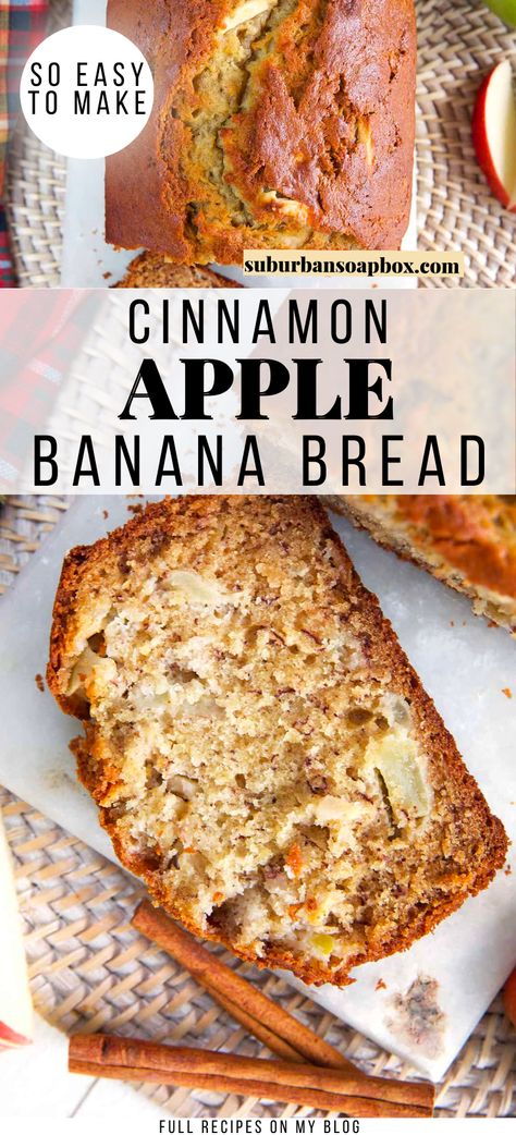 Cinnamon Apple Banana Bread might just be the BEST baked good you make all fall! Moist, sweet banana quick bread is enhanced with warm spices and is speckled with bites of tart Granny Smith Apples. Enjoy it all by itself or warmed with a smear of butter… With bread this scrumptious, there’s no bad way to take a bite! Things To Make With Granny Smith Apples, Banana Apple Sauce Bread, Banana Apple Dessert, Banana Bread With Apples, Cinnamon Apple Banana Bread, Braeburn Apple Recipes, Banana Apple Bread Recipe Easy, Banana Bread Using Applesauce, Banana And Apple Bread