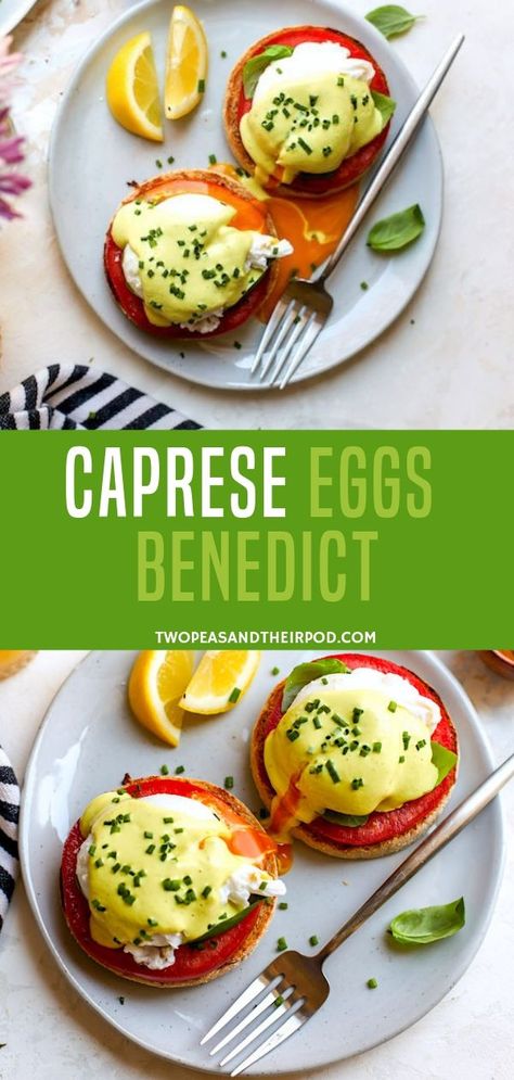 The Perfect Eggs Benedict Recipe For Spring And Summer! If you like caprese salad, you are going to love this Eggs Benedict recipe. It's Made With Tomatoes, Basil, Poached Eggs, And A Healthy Hollandaise Sauce. It is easy to make at home and just as good, maybe even better, than ordering eggs benedict at a restaurant. Caprese Eggs Benedict, Basil Hollandaise Sauce, Healthy Hollandaise Sauce, Hearty Breakfasts, Benedict Recipe, Eggs Benedict Recipe, Egg Benedict, Breakfast Slider, Breakfast Inspiration