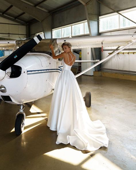 Pilot Wedding, Hangar Wedding, Airplane Wedding, Wedding Dress With Open Back, Aviation Wedding, Spaghetti Strap Wedding Dress, Wedding Dresses With Straps, Dress With Open Back, Beautiful Belts