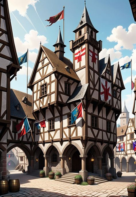 A medieval town hall with flags. High fantasy by Alfons Mallol Garcia - Playground Fantasy Town Hall, European Buildings, Fantasy Village, Fantasy Town, Medieval Town, High Fantasy, Town Hall, Creating Art, 3d Printing