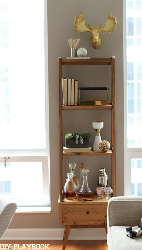 Add a slim shelf to your family room to hold books, bar essentials, and other home decor. Love this idea for a living room space. Slim Shelf Small Spaces, Tall Shelf Decor Living Room, Shelves Modern Design, Slim Bookshelf, Slim Shelf, Condo Makeover, Narrow Shelf, Diy Esstisch, Bookshelf Makeover