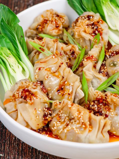 Chili Crisp Ginger Beef Dumplings Wonton Filling Recipes, Chili Crisp Oil, Dumplings From Scratch, Making Dumplings, Wonton Dumplings, Beef Dumplings, Ground Beef Chili, Ginger Beef, Chili Crisp