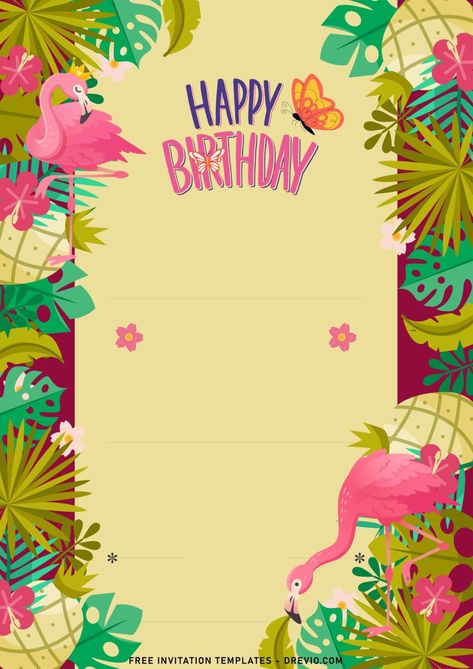 Aesthetic Greenery, Flamingo Topper, Flamingo Birthday Invitations, Flamingo Invitation, Happy Birthday Free, Summer Flamingo, Menu Card Design, Hawaiian Birthday Party, Hawaiian Birthday