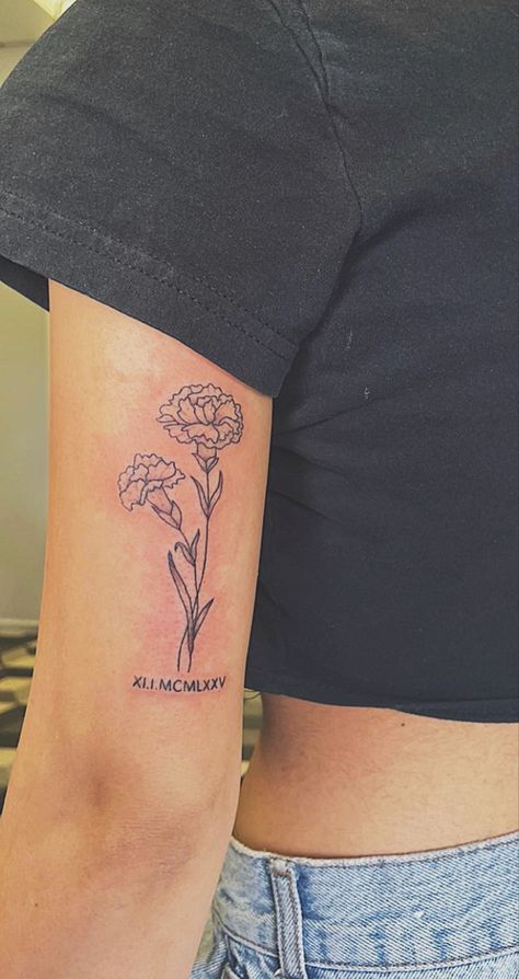 Carnation Flower Tattoo, Marigold Tattoo, Carnation Tattoo, Simple Arm Tattoos, Ear Tattoo Ideas, Birthday Tattoo, Date Tattoos, Ear Tattoos, Bouquet Tattoo