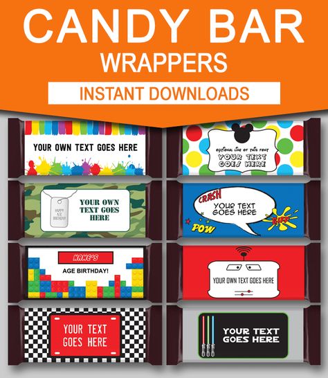 INSTANT DOWNLOAD Editable DIY Candy Bar Wrapper templates. Create personalized candy bars for party favors in minutes. Type in your own text at home. Lego Candy Bar, Candy Bar Labels Template, Diy Candy Bar Wrappers, Diy Candy Bar, Birthday Candy Bar Wrappers, Chocolate Bar Labels, Personalized Candy Bar Wrapper, Personalized Candy Bars, Candy Bar Wrapper Template