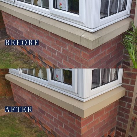 Creating a fresh new look to your stone windowsills Exterior Window Sill Painting Ideas, Brick Window Sill Exterior, Window Sill Painting Ideas, Stone Effect Paint, Stone Colour Paint, Stone Window Sill, Exterior Window Sill, Brick Repair, Stone Paint